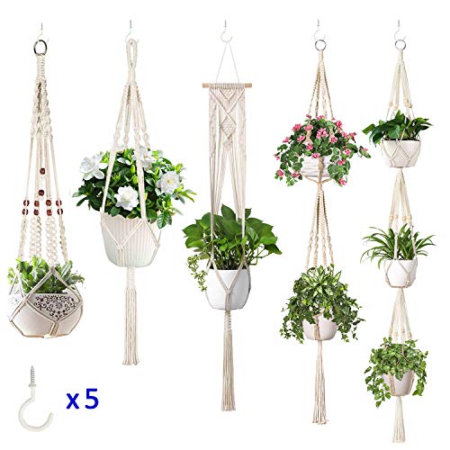 5-Pack Macrame Plant Hangers w/ 5 Hooks, Different Tiers, Handmade...