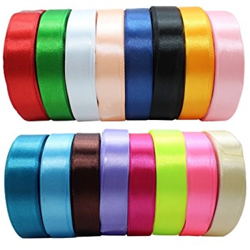 JESEP 16 Rolls 400 Yards Solid Satin Fabric Ribbon Multi-Color Pac...