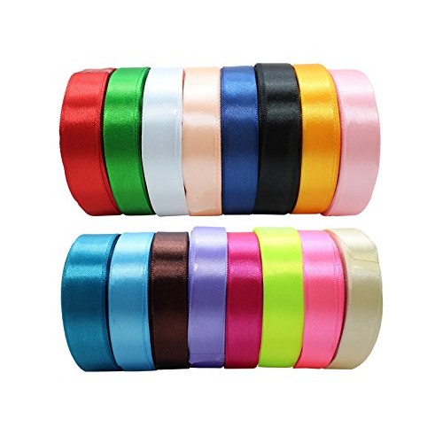 JESEP 16 Rolls 400 Yards Solid Satin Fabric Ribbon Multi-Color Pac...