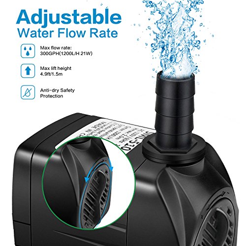 Jhua Water Pump 300GPH 1200L/H, 21W Submersible Water Pump, Ultr...