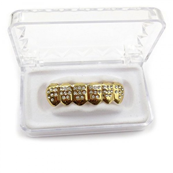JINAO 14K Gold Plated ICED OUT CZ Teeth GRILLZ Top Bottom Tooth Ca...