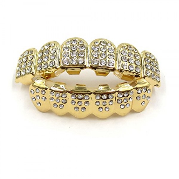 JINAO 14K Gold Plated ICED OUT CZ Teeth GRILLZ Top Bottom Tooth Ca...
