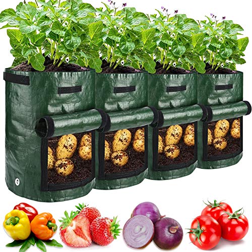 4 Pack 10 Gallon Garden Potato Grow Bags with Flap and Handles Aer...