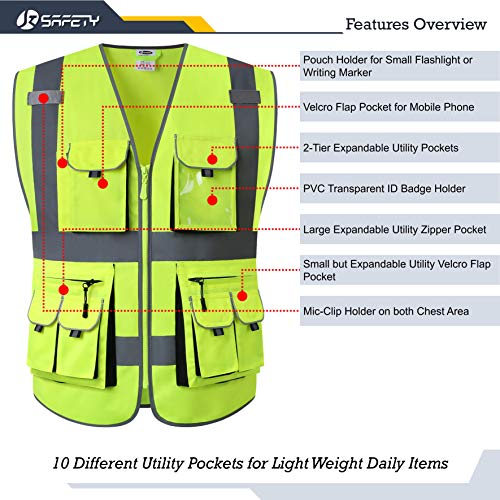 JKSafety 10 Pockets Class 2 High Visibility Zipper Front Safety Ve...