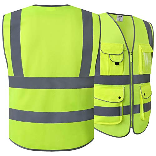 JKSafety 9 Pockets Class 2 High Visibility Zipper Front Safety Ves...