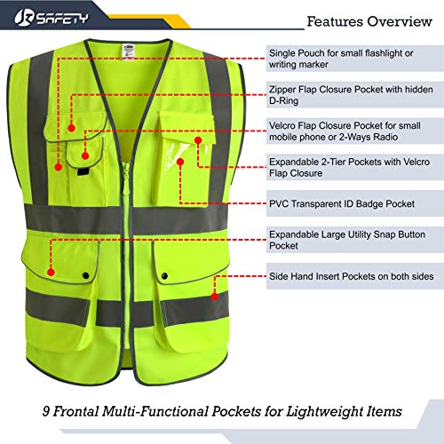 JKSafety 9 Pockets Class 2 High Visibility Zipper Front Safety Ves...
