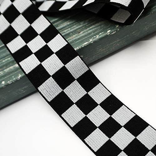 4-Yards 40mm1-5/8 Checkerboard Elastic Stretch Ribbon Trim, Bla...