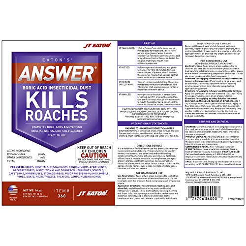 JT Eaton 360 Answer Boric Acid Insecticidal Dust, 16 oz Bottle, 1_...
