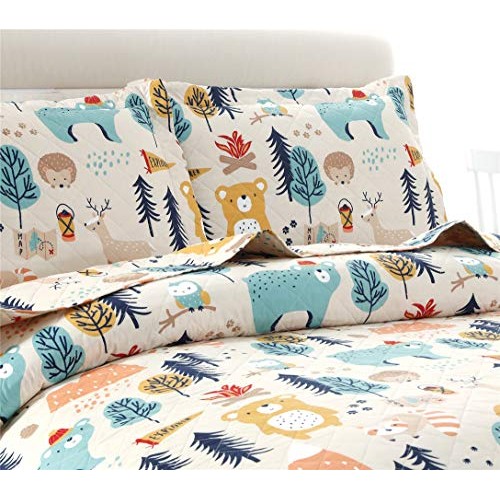 Kids Quilt Bedspreads Full/Queen Size Bear Bedding Set,3Pcs Forest...