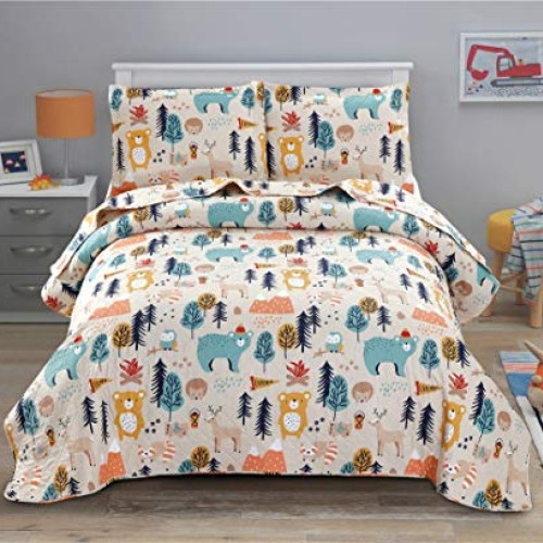Kids Quilt Bedspreads Full/Queen Size Bear Bedding Set,3Pcs Forest...