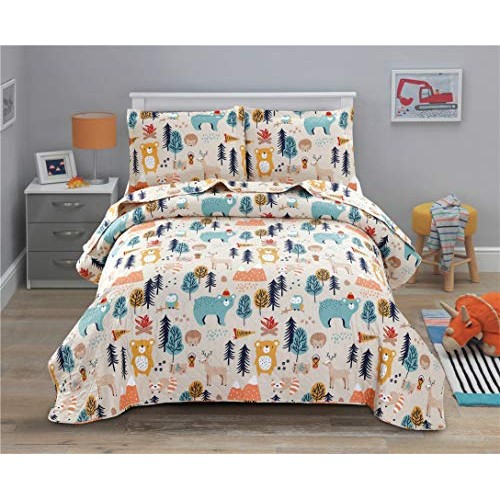 Kids Quilt Bedspreads Full/Queen Size Bear Bedding Set,3Pcs Forest...