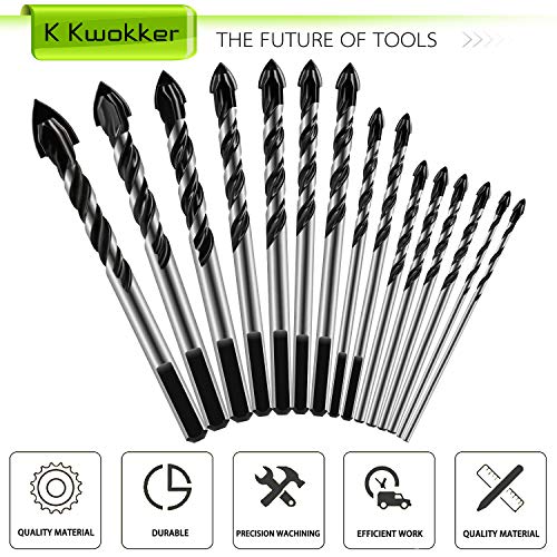 K Kwokker 15Pcs Masonry Drill Bits Set 3mm to 16mm for Glass, Cera...