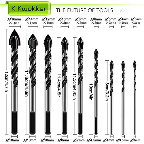 K Kwokker 15Pcs Masonry Drill Bits Set 3mm to 16mm for Glass, Cera...