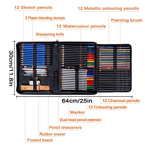 K Kwokker 72Pcs Drawing Sketch Pencils 5 Types Charcoal/Graphite/W...