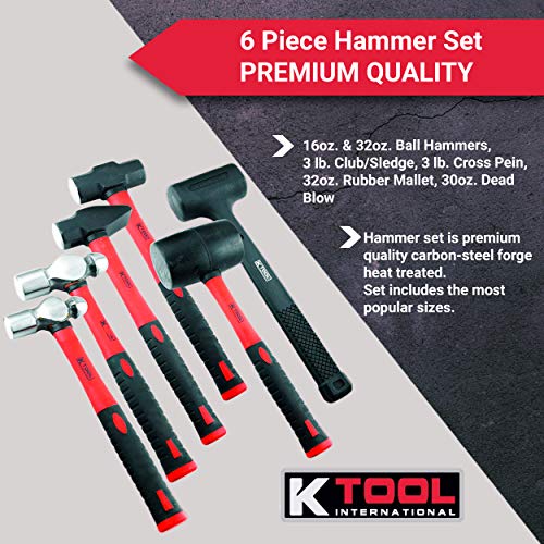 K Tool International 6 Piece Hammer Set | 16oz. & 32oz. Ball Hamme...