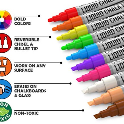 Kassa Liquid Chalk Markers for Blackboards 10 Neon Colors - Chal...