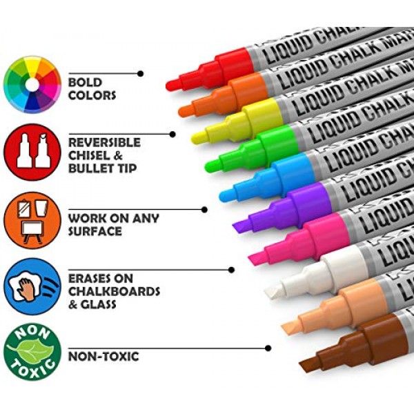 Kassa Liquid Chalk Markers for Blackboards 10 Neon Colors - Chal...