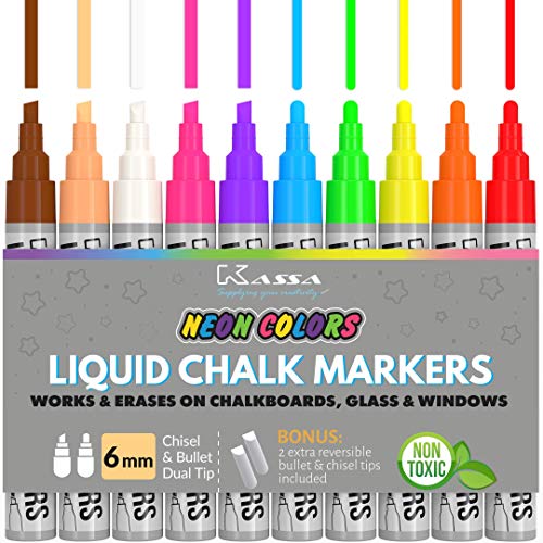Kassa Liquid Chalk Markers for Blackboards 10 Neon Colors - Chal...