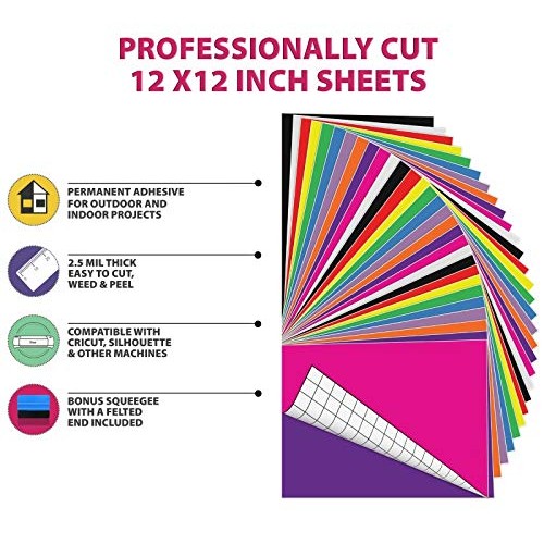 Kassa Permanent Vinyl Sheets Pack of 60, 12” x 12” - Includes Sq...