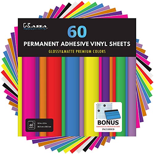 Kassa Permanent Vinyl Sheets Pack of 60, 12” x 12” - Includes Sq...