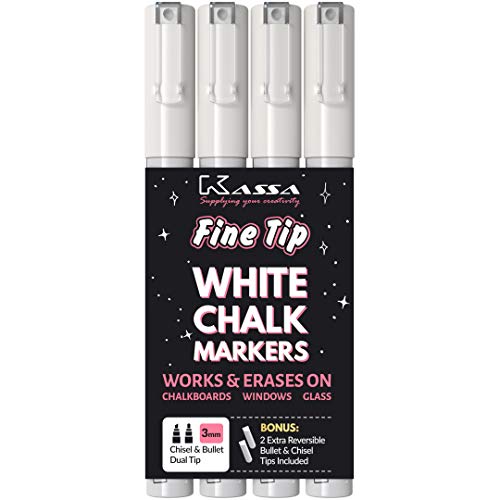 Kassa White Chalk Markers Fine Tip 4 Pack 3mm - Chalkboard Marke...