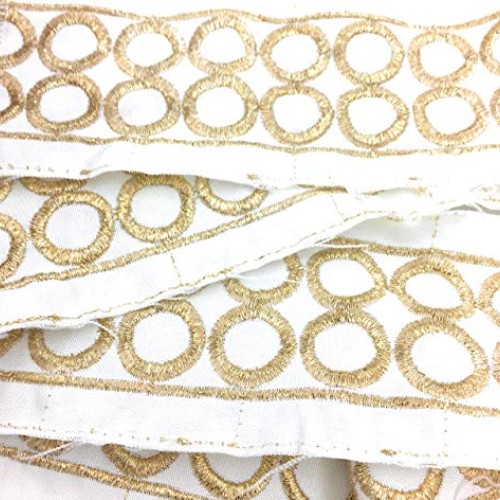 2-1/8 Gold/Off White Embroidered Fabric Ribbon Gold Circle Embroi...