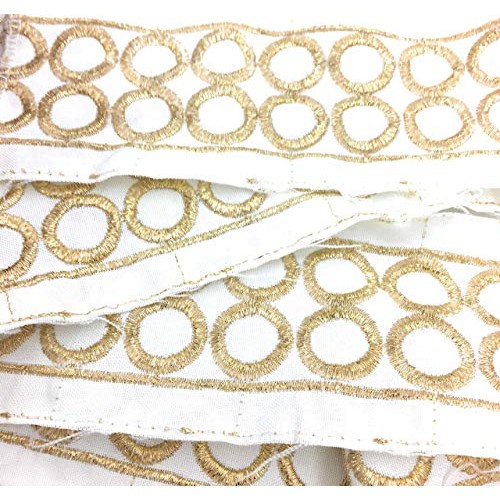 2-1/8 Gold/Off White Embroidered Fabric Ribbon Gold Circle Embroi...