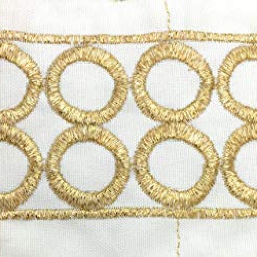 2-1/8 Gold/Off White Embroidered Fabric Ribbon Gold Circle Embroi...