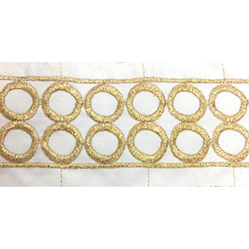 2-1/8 Gold/Off White Embroidered Fabric Ribbon Gold Circle Embroi...