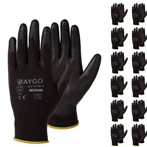 Safety Work Gloves PU Coated-12 Pairs,KAYGO KG11PB, Seamless Knit ...