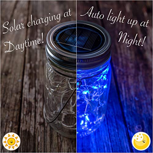 Kazul Blue Solar Mason Jar Lights, 6 Pack 20 LED, Mason Jar Solar ...