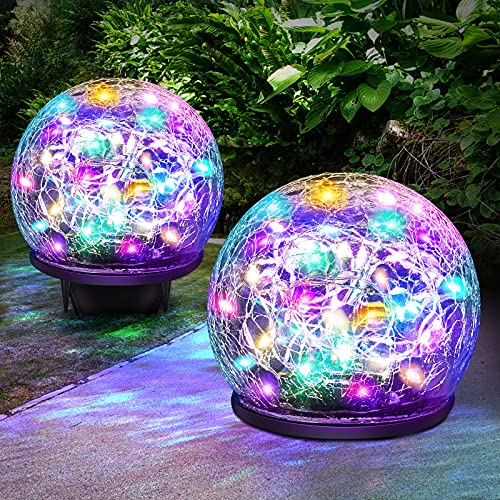 Keevvon Solar Garden Lights, 2 Pack 60 LED Colored Cracked Glass S...