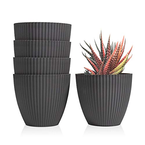 6 Inch Plastic Planters Indoor Set of 5 Flower Plant Pots Modern D...