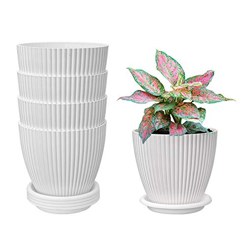 6 inch Plastic Planters with Saucers, Indoor Flower Plant Pots, Se...