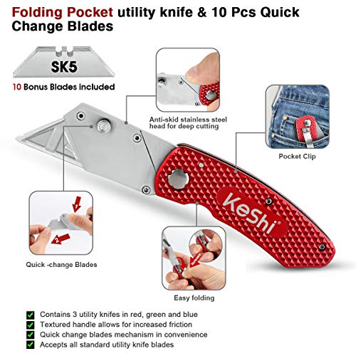 Keshi Utility Knife, Folding Pocket Knife Set with Belt Clip, Set ...