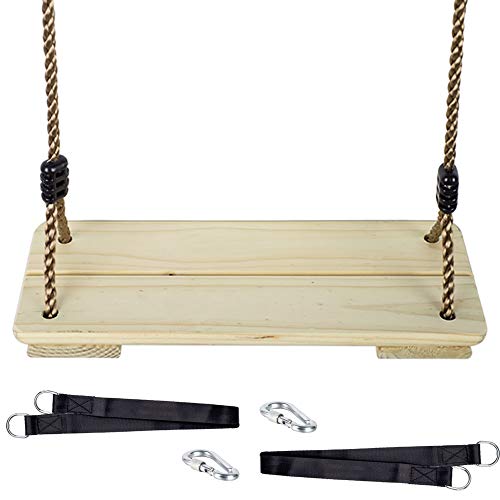 KINSPORY Hanging Wooden Swing Seat with 2pc Connecting Tree Straps...