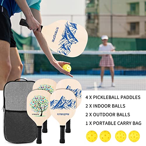 Pickleball Paddles,Wood Pickle Ball Paddles Set of 4 Paddles, 7-pl...