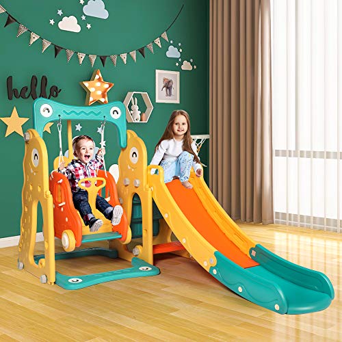 4 in 1 Toddler Slide Swing Stroller Basketball Hoop Set for Boys G...