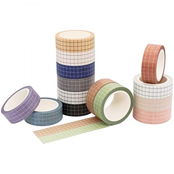 Grid Washi Tape Set, 14 Rolls of 15 mm Wide Decorative Colored Mas...
