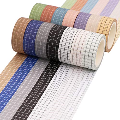 Grid Washi Tape Set, 14 Rolls of 15 mm Wide Decorative Colored Mas...