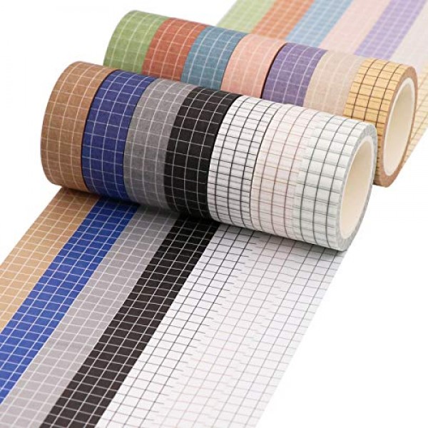 Grid Washi Tape Set, 14 Rolls of 15 mm Wide Decorative Colored Mas...