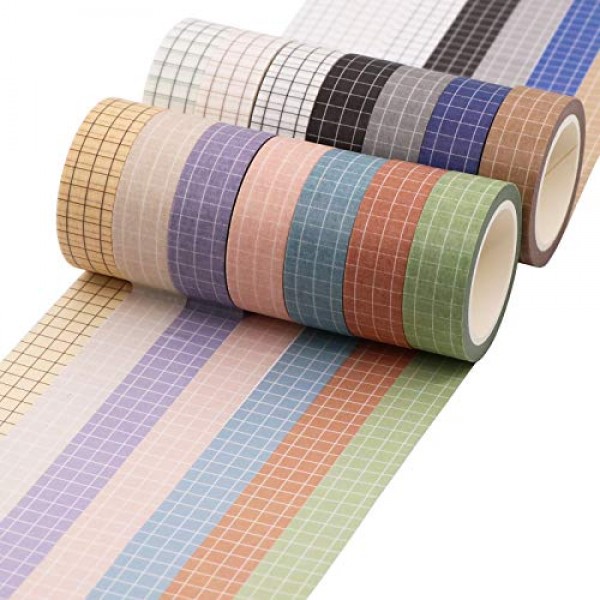 Grid Washi Tape Set, 14 Rolls of 15 mm Wide Decorative Colored Mas...