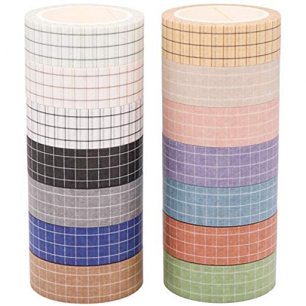 Grid Washi Tape Set, 14 Rolls of 15 mm Wide Decorative Colored Mas...