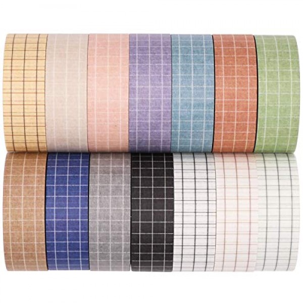 Grid Washi Tape Set, 14 Rolls of 15 mm Wide Decorative Colored Mas...