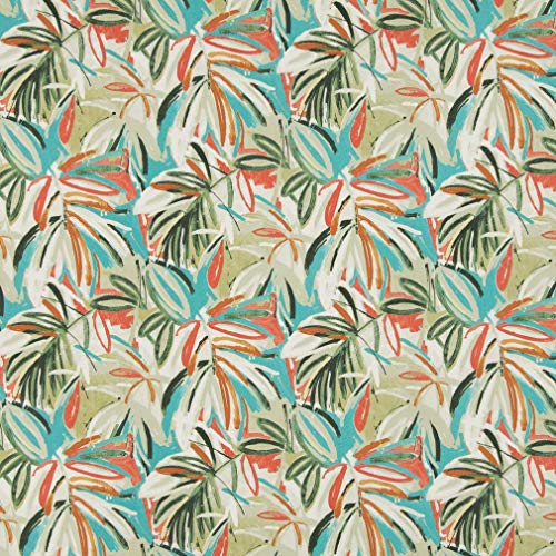 Fiji Aqua Teal Coral Orange Persimmon Green Contemporary Foliage T...