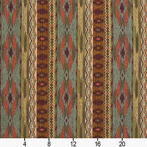 Teal Gold and Red Southwestern Mexican Ranch Stripe Chenille Uphol...