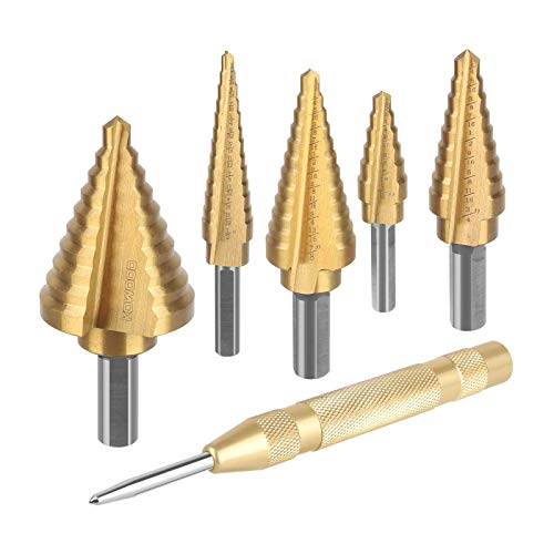 KOWOOD HSS Step Drill Bits & Automatic Center Punch 6 Pcs Set with...