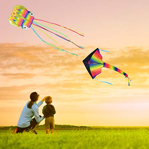 Kupton 2 Pack Kites Kit, 5M Large Octopus Kite and Rainbow Delta K...