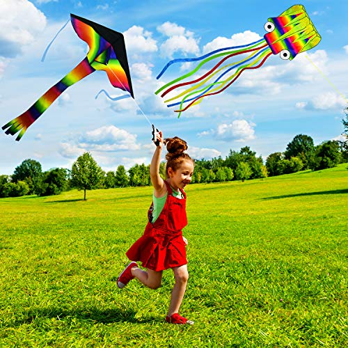 Kupton 2 Pack Kites Kit, 5M Large Octopus Kite and Rainbow Delta K...