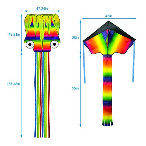 Kupton 2 Pack Kites Kit, 5M Large Octopus Kite and Rainbow Delta K...